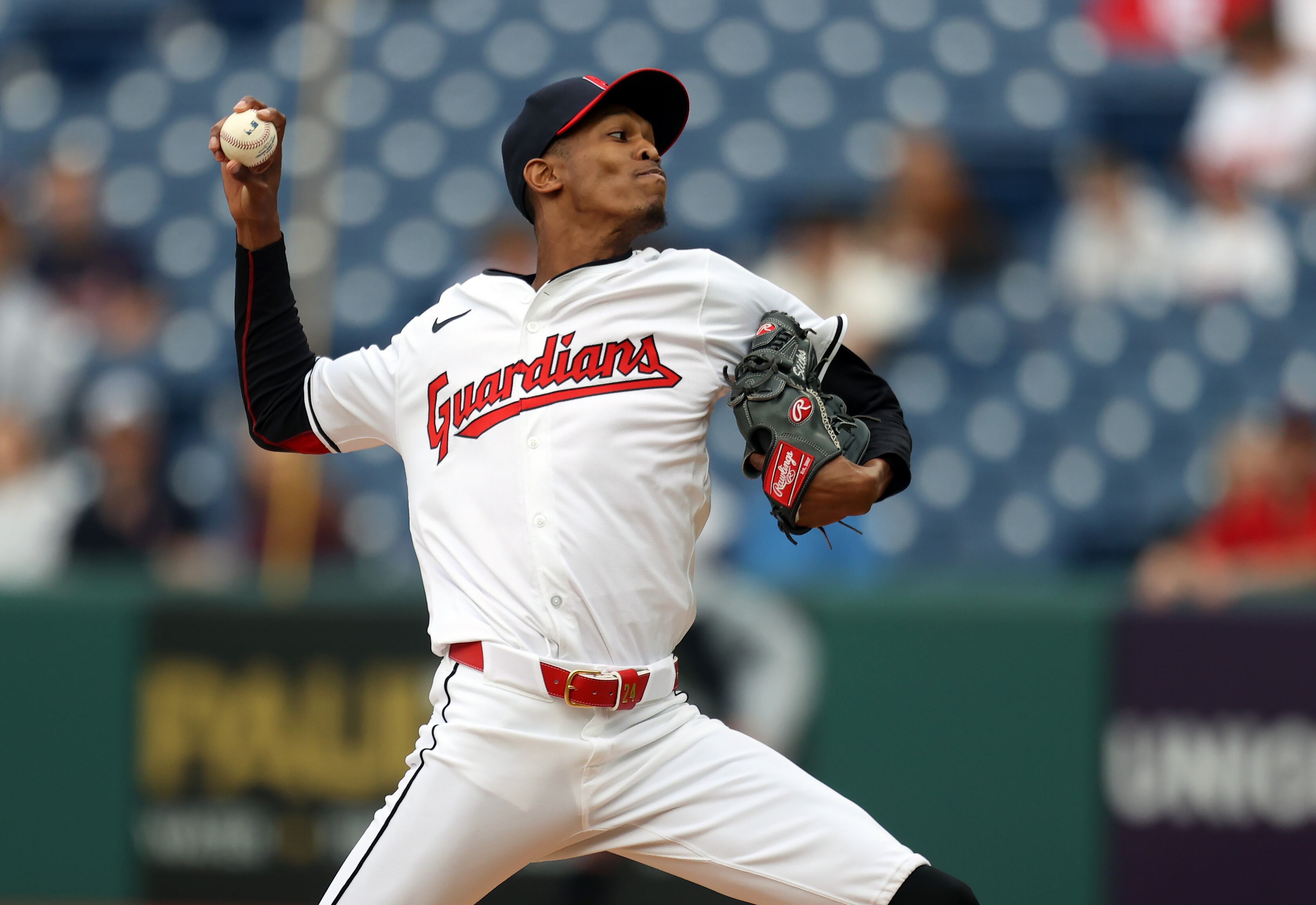 Cleveland Guardians pitcher Triston McKenzie pitches against the Detroit Tigers in the first inning. 