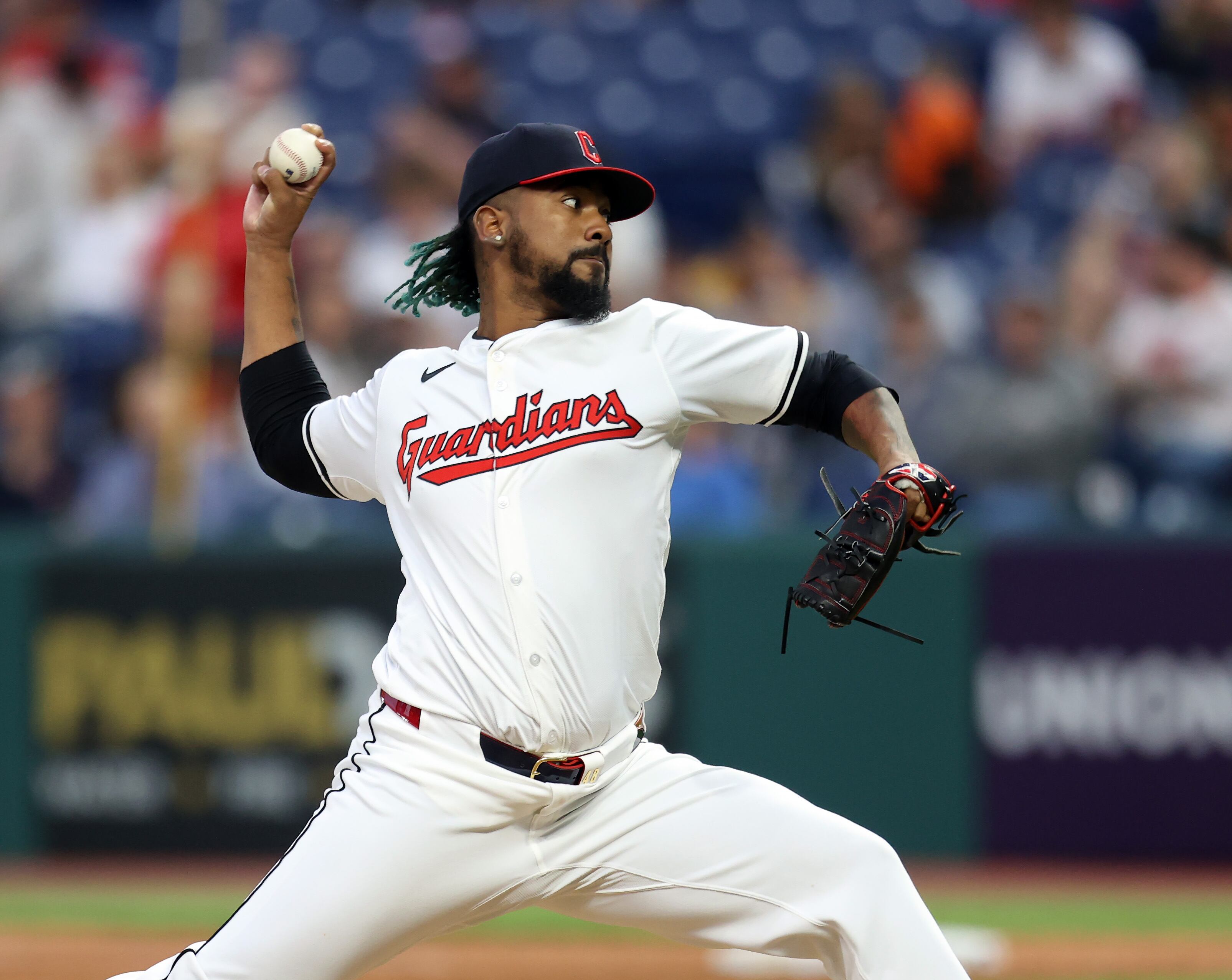 Cleveland Guardians pitcher Emmanuel Clase pitches against the Detroit Tigers in the ninth inning. 