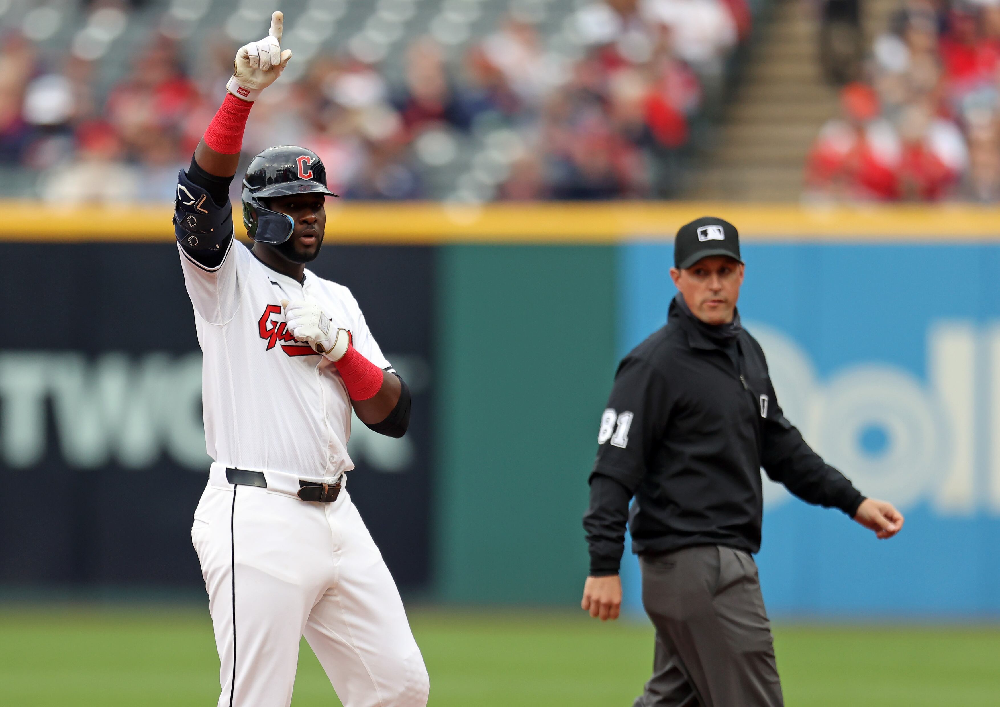 Cleveland Guardians left fielder Estevan Florial reacts after doubling on a ground ball to right field against the Detroit Tigers in the first inning. 