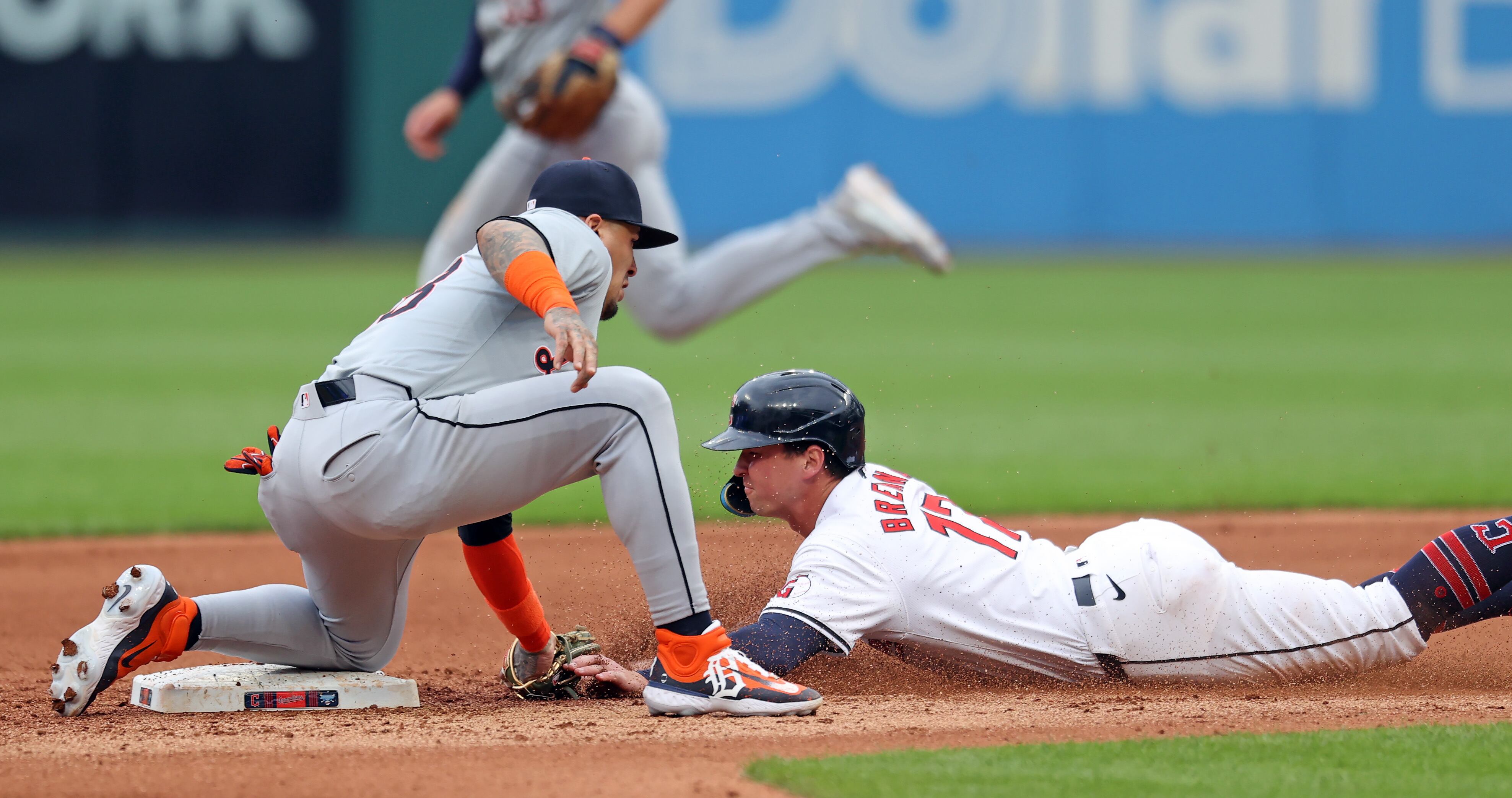 Cleveland Guardians right fielder Will Brennan is caught stealing second by Detroit Tigers shortstop Javier Báez in the fourth inning. 