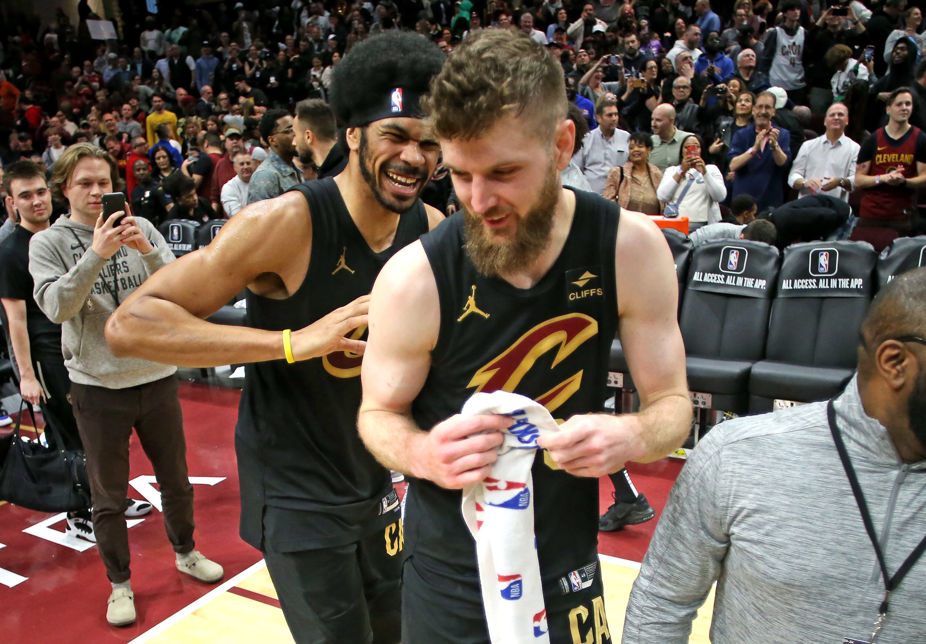 Cleveland Cavaliers center Jarrett Allen congratulates Cleveland Cavaliers forward Dean Wade on the game winning dunk against the Boston Celtics. 